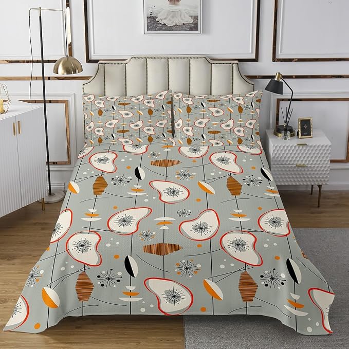 Erosebridal Grey Old Fashion Twin Quilt Set Abstract Atomic Coverlet Set, Brown Red White Aestheitc Bedding Set Boho Mid Century Bedspread Set, Minimalism Lines Bed Quilt 2 Pieces
