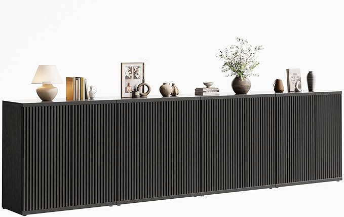 Fluted Buffet Cabinet Sideboard with Storage,Wooden Credenza with 2 Doors&Adjustable Shelve, Modern Accent Cabinets Coffee Bar Bookcase for Living Room,Kitchen Dining Room Entryway 15"D Black