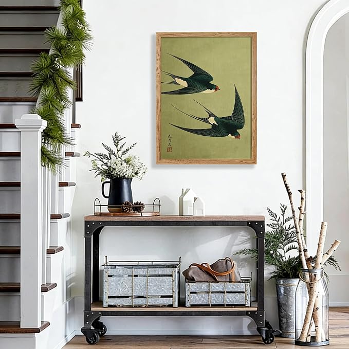 Framed Japanese Flying Swallow Wall Art Asian Japandi Bird Animal Poster Nature Vintage Green Canvas Prints for Living Room Bedroom Home Decor 08x10 inch