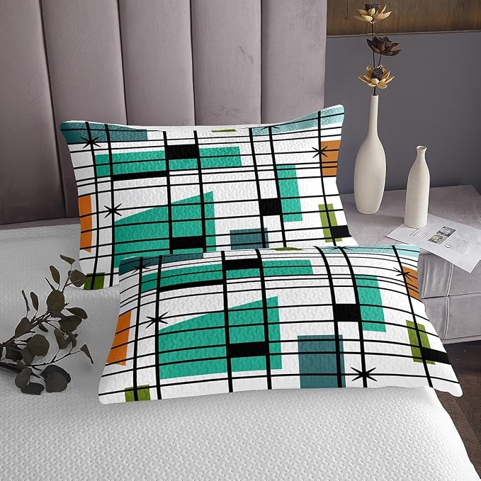 Erosebridal Retro Atomic Bedspread Queen Size White Turqoise Black Quilt Set, Geometric Lines Stripes Coverlet Set Mid Century Minimalist Bedding Set, Fifties Old Fashion Bed Cover Microfiber 3pcs