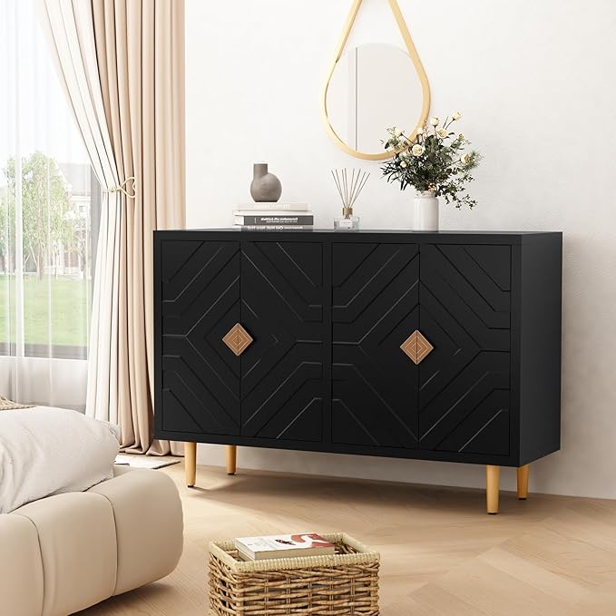 HLR 48" Accent Cabinet with 4 Doors and Shelves, Modern Sideboard Buffet Cabinet with Decorative Embossed Pattern Doors, Credenza Storage Cabinet for Living Room, Kitchen, Dining Room, Hallway