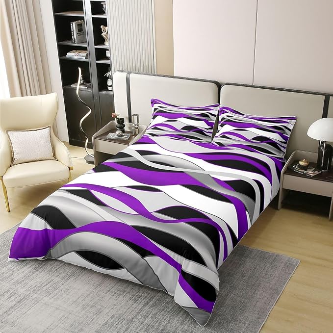 Erosebridal Modern Geometric Bedding Set Twin Purple and Grey Striped 100% Cotton Duvet Cover Geometric Simple Pattern Comforter Cover for Kids Teens Adults Waves Art Stripes Bed Set 2 Pcs