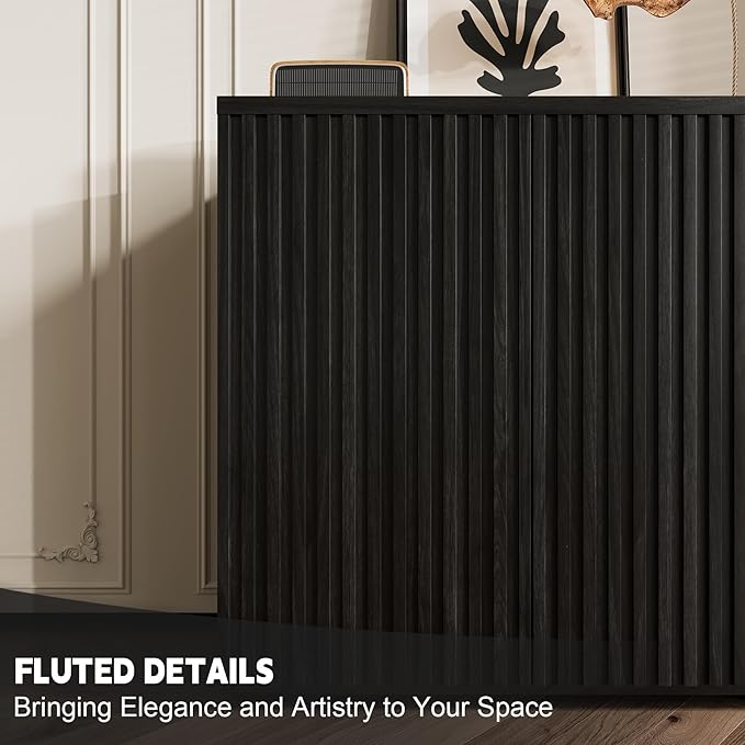 Rophefx Fluted Sideboard Cabinet, Buffet Cabinet with Storage, Credenza Storage Cabinets with Adjustable Shelf, Wood Entryway Cabinets with Pop-up Doors for Living Room, Entryway, Hallway, Black Grey