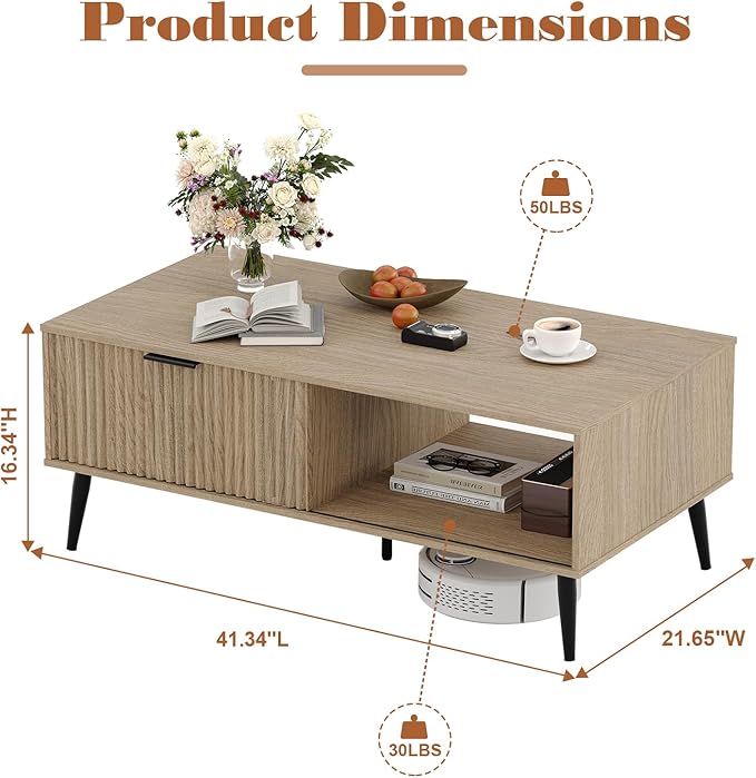 Coffee Table with Storage, Wooden Coffee Tables with Sliding Door and Solid Wood Legs, 2-Tier Cocktail Table, Mid Century Modern Coffee Table for Living Room, Home Office, Farmhouse, Natural