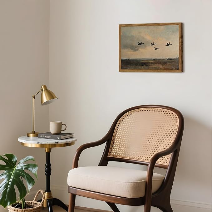 Vintage Flying Duck Wall Art, Rustic Landscape Wall Decor Retro Bird Painting Nature Wilderness 3D Textured Hand Drawn Sandstone Artwork Aesthetics for Bedroom Living Room 16x24 inch Wood Framed