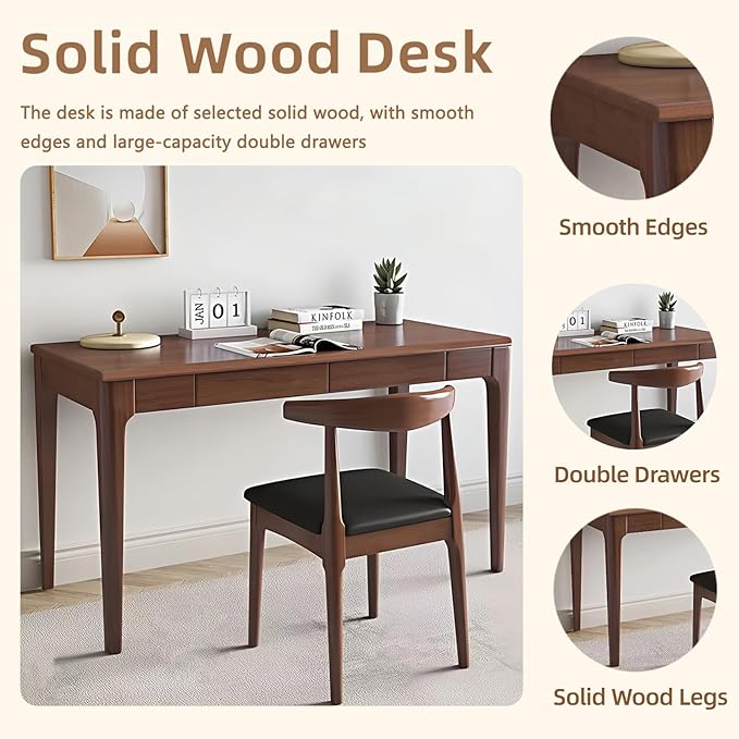 47" Small Solid Wood Desk with Drawers, Walnut Wooden Standing Desk, Home Office Desk for Small Spaces, Mid Century Modern Desk for Study, Bedroom, Living Room, Office (Walnut, 47“)