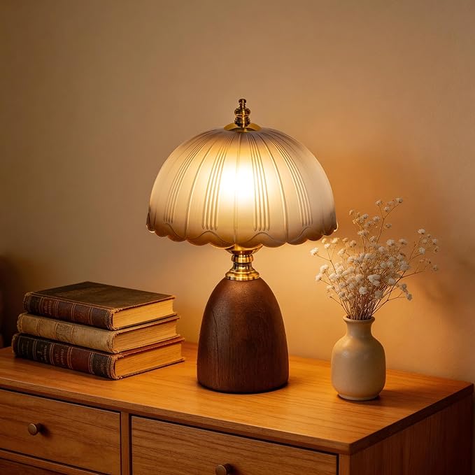 13“ Mid-Century Modern Amber Small Table Lamp, Vintage Scalloped Gradient Glass Bedside Lamp for Bedroom Living Room, Solid Walnut Wood Style Base 3-Color Dimmable LED, Aesthetic Decor Gift