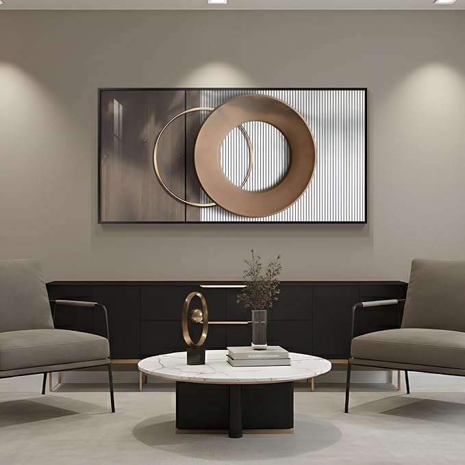Large Horizontal Modern Wall Art for Living Room, Framed Neutral Picture Prints, Minimalist White Brown Circle Geometric Painting Artwork Decor for Bedroom Dining Room Hallway Office 56x28 Inch