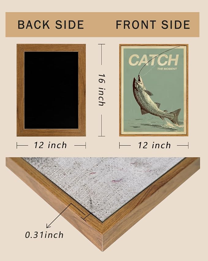 ARPEOTCY Vintage Framed Canvas Wall Art, Vintage Wall Art for Living Room, Catch The Moment Fish Animal Bathroom Picture Decor, Birthday Fathers Day Christmas Fishing Gifts for Men (12x16 Inch)
