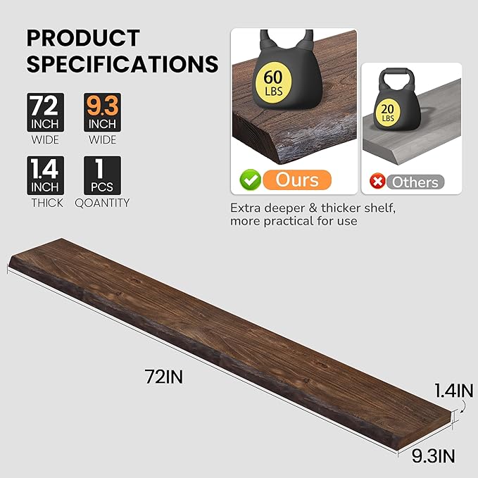 Floating Shelves for Wall, 72"x9.3" Rustic Solid Live-Edge Elm Wood Wall Shelves, Heavy-Duty Floating Shelves with Invisible Brackets, Set of 2 for Living Room, Bedroom, and Kitchen, Walnut Finish