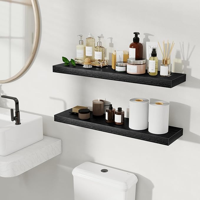 Fun Memories Floating Shelves for Wall, Rustic Wood Wall Mounted Shelves for Bathroom, Bedroom, Living Room & Kitchen, Storage Display Shelves, (Set of 2, Black, 30 in)
