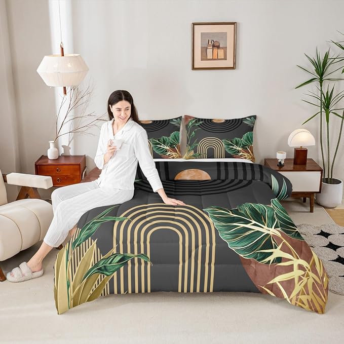 Erosebridal Mid Century Toddler Bedding Set Brown Black Boho Geometric Comforter Set Tropical Modern Palm Leaf Down Comforter for Kids Teens Abstract Bohemian Aesthetic Bed Set Bedroom Decor