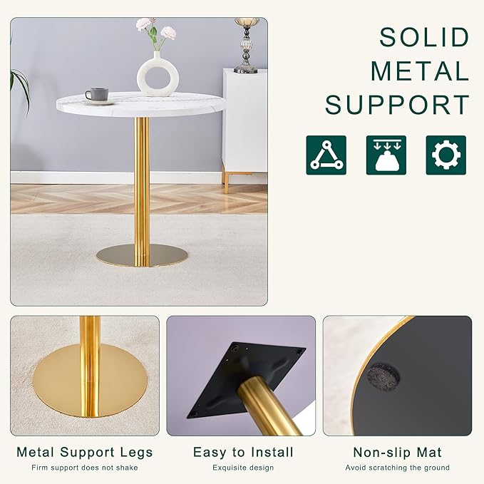 31.5 Inch Round Dining Table for 2-4 Person,Mid-Century Modern White Tulip Kitchen Table, Faux Printed Marble Top with Suction Molding Annular Texture and Gold Metal Base