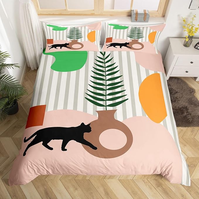 Erosebridal Boho Cat Animals Comforter Cover Full Abstract Mid Century Bedding Set Minimalism Aesthetic Geometric Duvet Cover for Kids Girls Boys Adults Tropical Palm Leaves Bed Set