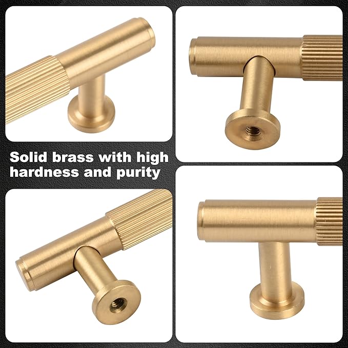 2 Pack Brushed Gold Kitchen Cabinet Pulls, 3-3/4 Inches Solid Brass Dresser Drawer Handles, Modern Warm Gold Furniture Door Handles for Cupboard Vanity Wardrobe Cupboard