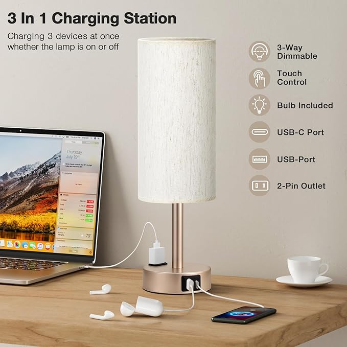 Fenmzee Bedside Table Lamp for Bedroom - 3 Way Dimmable Touch Lamp USB C Charging Ports and AC Outlet, Small Lamp Gold Base Round Flaxen Fabric Shade for Living Room, Desk, LED Bulb Included