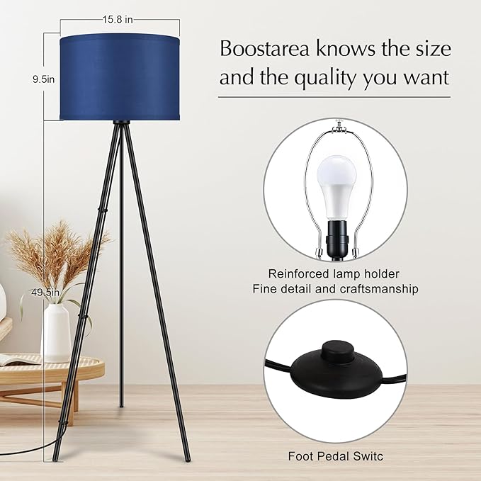 BoostArea Floor Lamp for Living Room, Tripod Floor Lamp, Blue Linen Lamp Shade, Blub Not Included, Mid Century Standing Lamp for Living Room, Bedroom, Study Room and Office