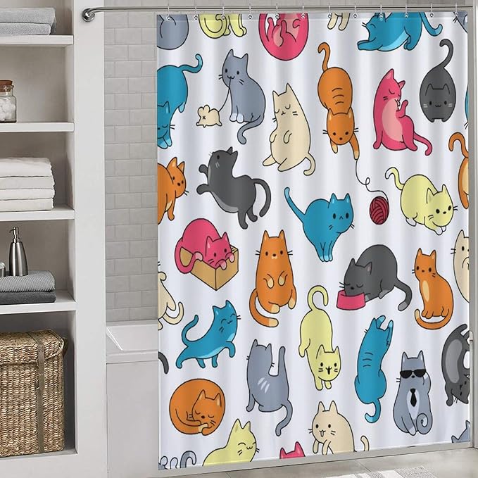 Cartoon Cat Shower Curtain Colorful Watercolor Cats Pattern Duty Fabric Shower Curtains Set Bathroom Polyester Waterproof with 12 Hooks, 66x72Inch（168x183cm）