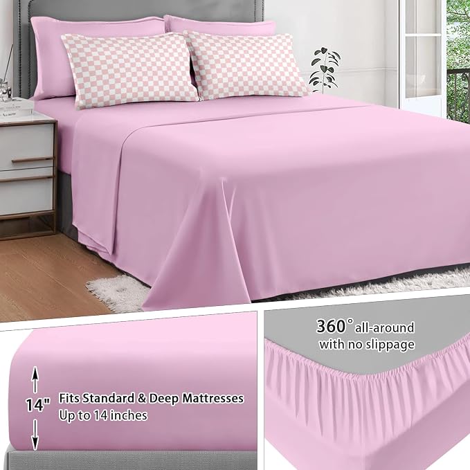 7Pcs Comforter Set Full Size, Light Pink Checkered Plaid Girly, Bedding Decor Cute Gingham Checkerboard Geometric Bedroom Bed Set Flat Sheet Fitted Sheet Pillowcases Shams for Kids Adults