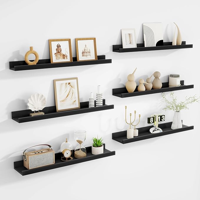 Picture Ledge Shelf, Floating Shelves Set of 6, 24 inch Long Picture Shelf for Wall with Lip, Wall Mounted Shelves for Bedroom, Living Room, Bathroom, Kitchen,Black