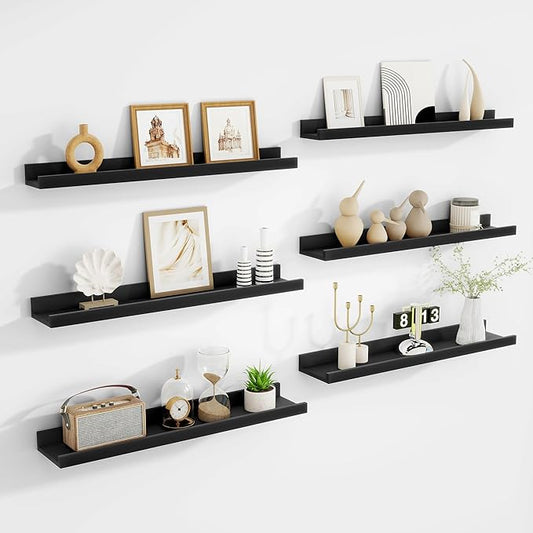 Picture Ledge Shelf, Floating Shelves Set of 6, 24 inch Long Picture Shelf for Wall with Lip, Wall Mounted Shelves for Bedroom, Living Room, Bathroom, Kitchen,Black