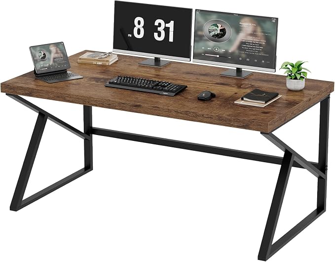 HSH Rustic Computer Desk, Large Executive Writing Study Work Desk for Home Office, Industrial Metal Wooden PC Laptop Long Desk Workstation, Modern Bedroom Living Room Table, Rustic Brown, 60 Inch