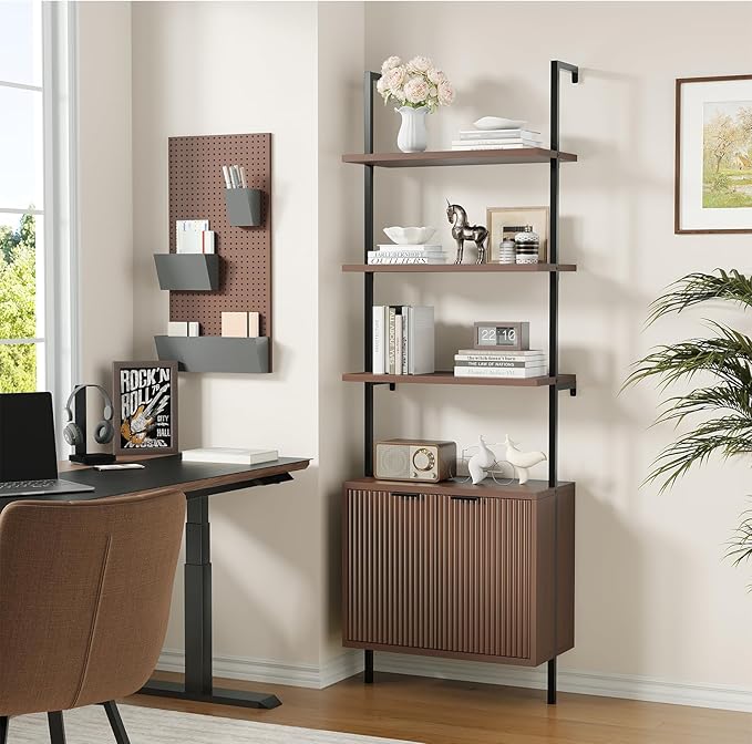 Ladder Bookshelf with Cabinet, 71" Tall Wall Mounted Bookcase with Shelves & Storage, Fluted Ladder Shelf with Metal Frame, 6-Tier Wall Bookshlef for Living Room, Office, Bedroom, Walnut & Black