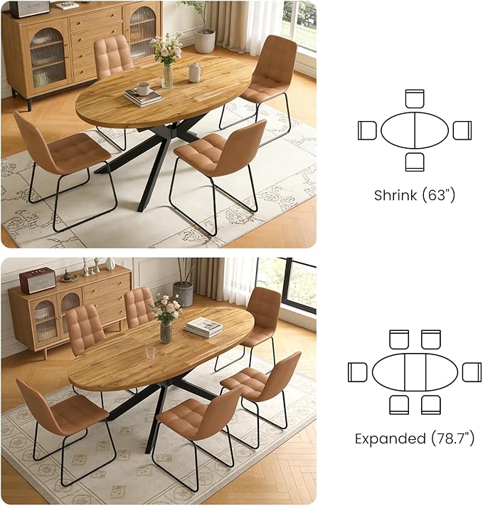 63"-78.7" Extendable Round Dining Table Set for 4, 5 Piece Mid Century Modern Oval Kitchen Table Set, Large Dining Table with 4 Dining Chairs for Living Room Space Saving（Walnut Table+4 Brown Chairs)