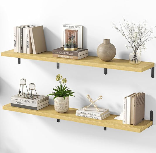 Marsmiles Extra Wide Floating Shelves for Wall, 48x8 Inch Natural Wood Grain Bookshelves, Heavy Duty Mounted Shelving for Bathroom, Kitchen, Living Room, Bedroom,Set of 2，Oak