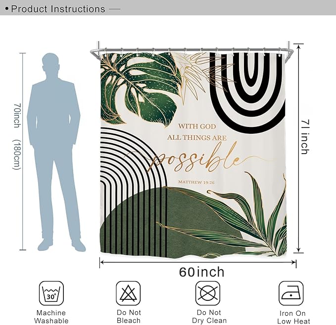 Miyotaa Emerald Sage Green Abstract Shower Curtain Set 60Wx71H Inches Minimalist Aesthetic Modern Contemporary Plant Quotes Bible Positive Polyester Waterproof Bathroom Curtain with 12 Hooks
