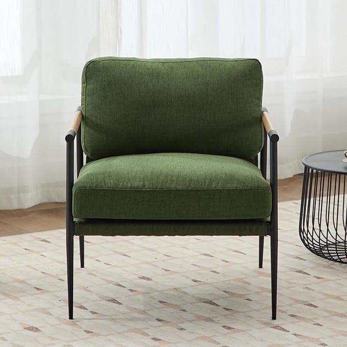 DUOMAY Mid-Century Modern Accent Chair Armchair, Soft Linen Fabric Sofa Lounge Chair Reading Chair with Metal Leg for Living Room Bedroom Office, Green