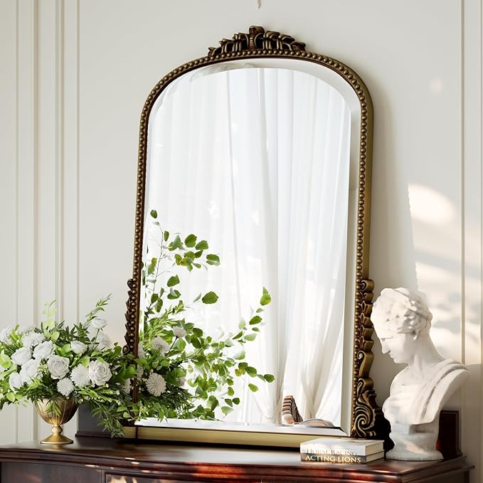 40x28 Beaded Arched Mirror, Bathroom Mirror for Over Sink, Metal Frame Wall Decor for Entryway, Bedroom, Living Room, Gold