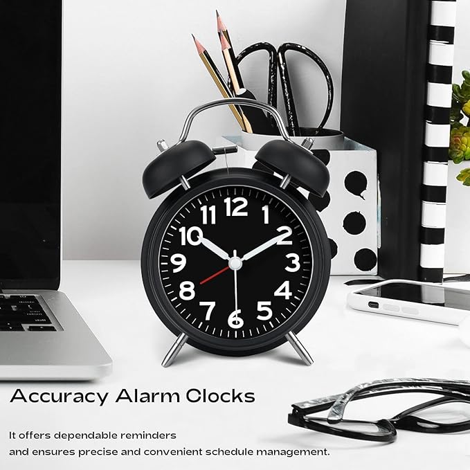 AKCISOT Loud Alarm Clock for Heavy Deep Sleepers, 4.5 Inches Analog Metal Twin Bell Clocks Battery Operated with Backlight for Bedroom Bseide, Old Fashioned for Desk Home Decoration (Black)