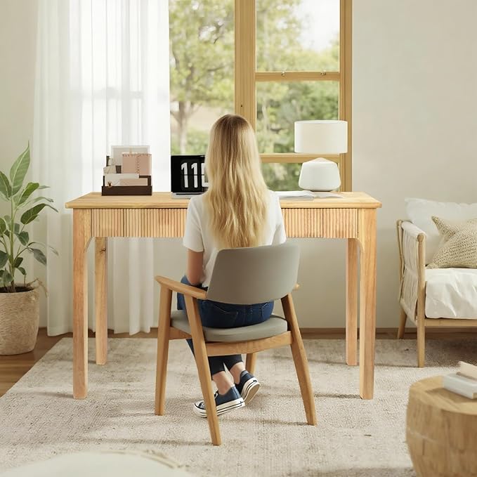 47.2'' Solid Wood Desk with 2 Drawers, Mid Century Modern Home Writing Office Wooden Desk,Vintage Computer Table with Storage for Living Room, Bedroom, Fluted Design (Natural, 47.2 Inch)