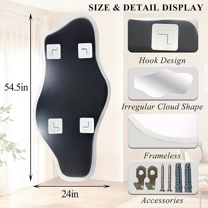 Irregular Wall Mirror, 54.5"x24" Silver Asymmetrical Tempered Glass Mirror, Large Frameless Organic Shaped Mirrors for Entryway Hallway Bedroom Living Room, Horizontal or Vertical Hanging