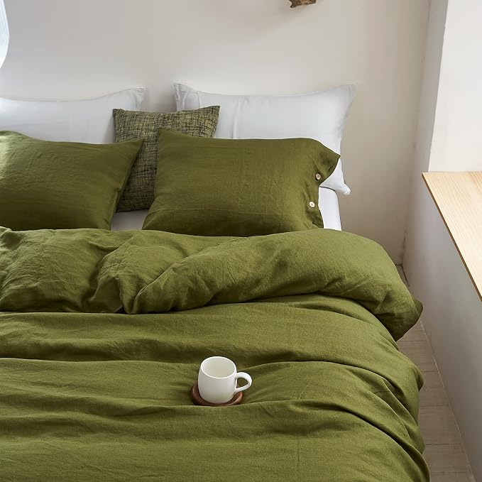 Simple&Opulence 100% Linen Duvet Cover Set 3pcs with Coconut Button Closure Natural French Washed Flax Solid Color Soft Breathable Farmhouse Bedding - Olive Green, Queen Size