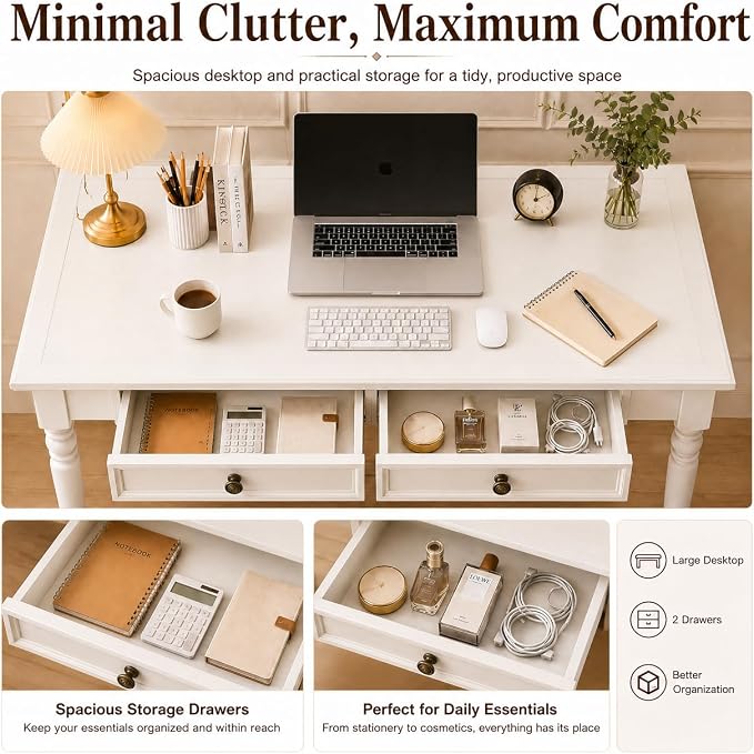 Solid Wood Desk with Drawers, Walnut Writing Desks, Small Computer Desk for Small Spaces, Gaming Study Home Office Desks for Work, Student PC Desk for Bedroom, Escritorios para Cuartos