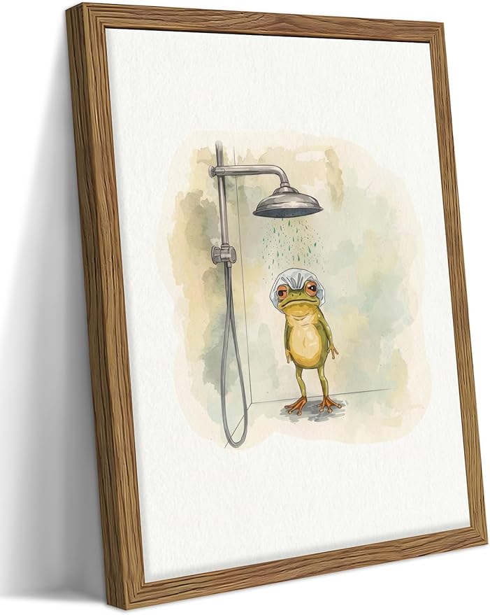 Framed Funny Frog Canvas Wall Art, Cute Frog Showering in Bathroom Canvas Prints, Whimsical Watercolor Cartoon Painting, Modern Minimalist Wall Decor for Bathroom Toilet Washroom 16x24in