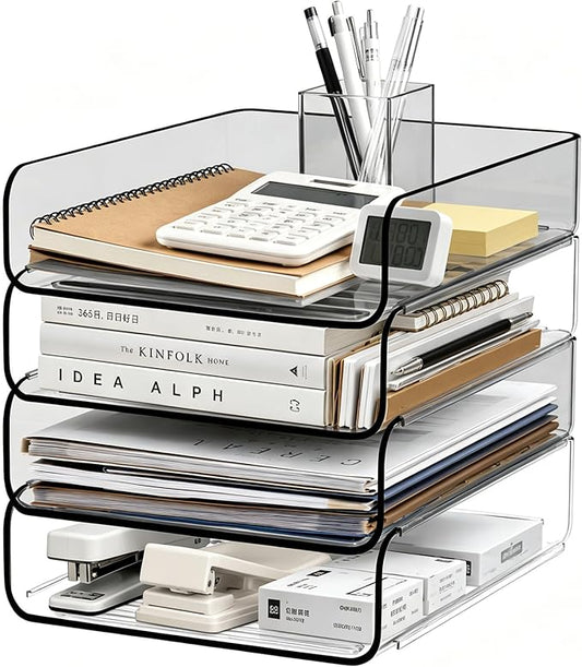 FANXIYQ 4-Tier Acrylic Paper Tray Organizer, Clear & Brown Stackable Desk Organizer for Documents, Files, A4 Paper, Mail, Books & Office Supplies, Office Classroom Home