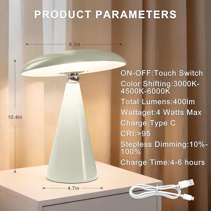 Mushroom Lamp Mid Century Modern Table Lamp, LED Cordless Rechargeable Bedside Light, Dimmable Touch 3-Color Temp, Retro Small Lamp for Bedroom, Living Room，Aesthetic Decor (Cream)