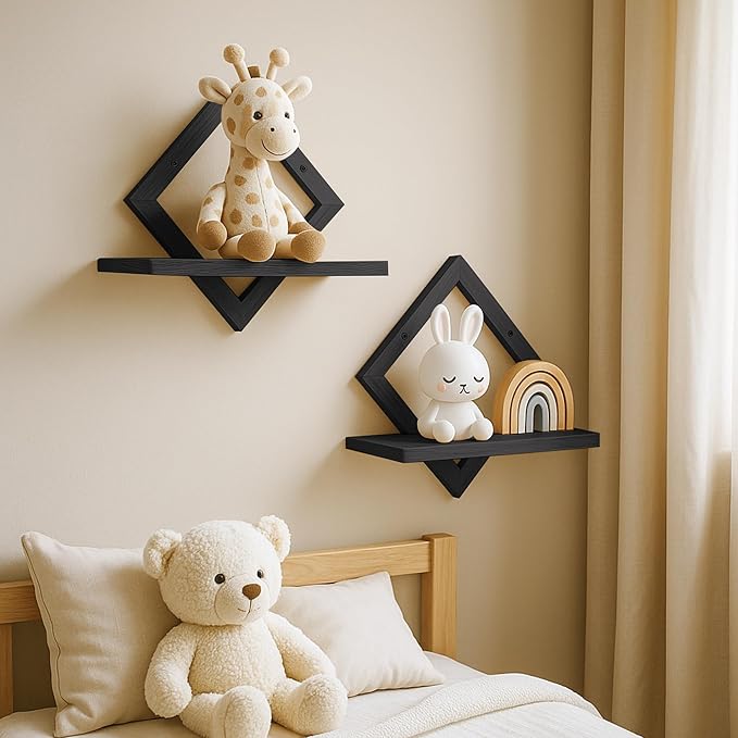 Floating Shelves for Wall,Decorative Wall Shelf,Hanging Shelf for Plants Storage Display Holder,Indoor Decor for Living Room Home Office Bathroom Bedroom,Solid Wood,Diamond Shaped,2 Pack(Black)
