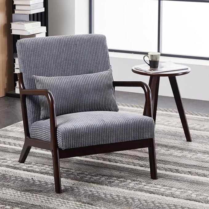 Accent Chairs with Side Table, Mid Century Modern Chair with Pillow, Arm Chair with Solid Wood, Reading Relaxing Leisure Chair for Living Room, Bed Room, Waiting Room, Grey