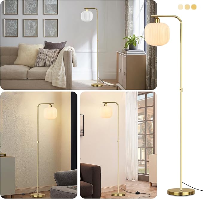 Floor Lamp for Living Room, Mid Century Modern Stadning Lamp with Cream White Glass Shade, Dimming and Pedal Switch, 67" Gold Tall Lamps for Bedroom Office Study Room