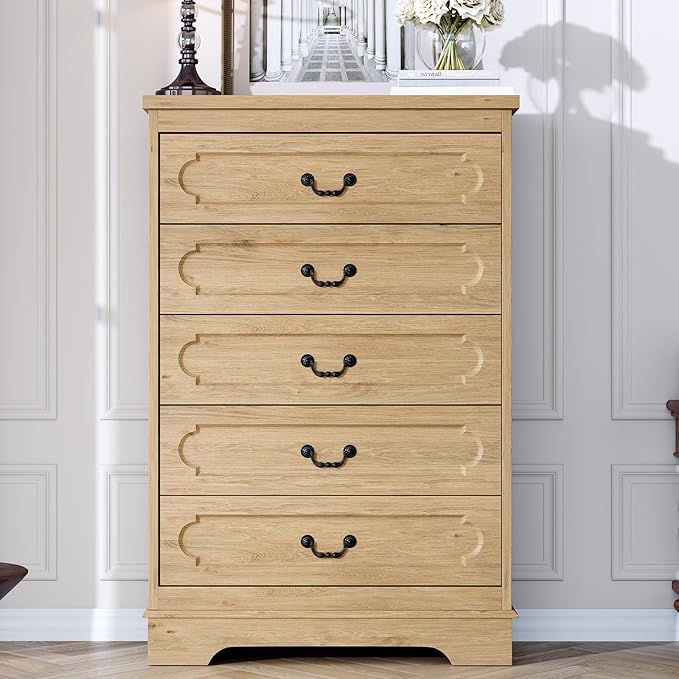 LIDYUK 5 Drawer Dresser for Bedroom Farmhouse Natural Wood Chest of Drawers for Bedroom Dresser, Rustic 46" Tall Wide Drawers Dressers Wooden Closet Storage Cabinet, Hallway, Living Room