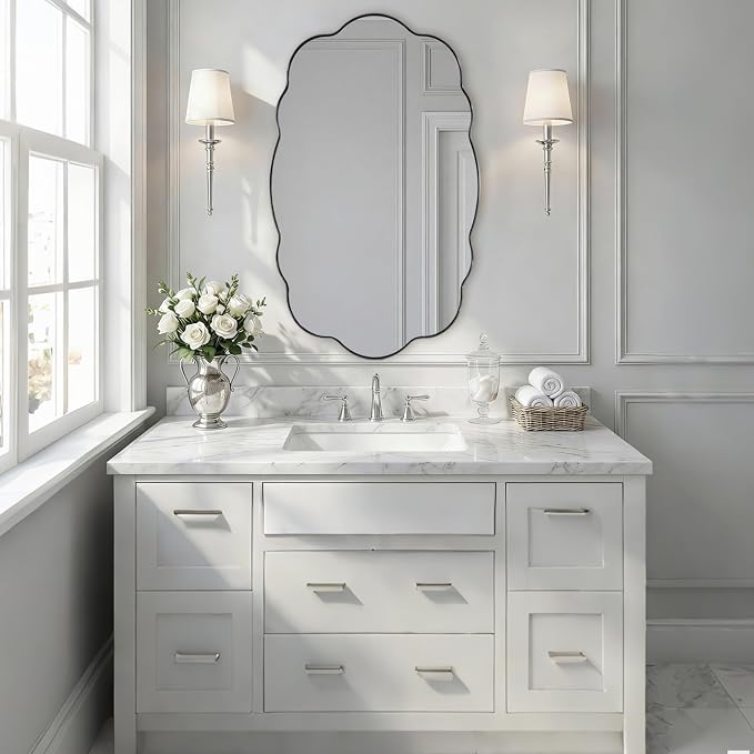 ANDY STAR Brushed Nickel Wavy Oval Bathroom Mirror,24x40 Inch Silver Scalloped Wall Mirror, Unique Irregular Wall Mirror with Sophisticated Curved Design