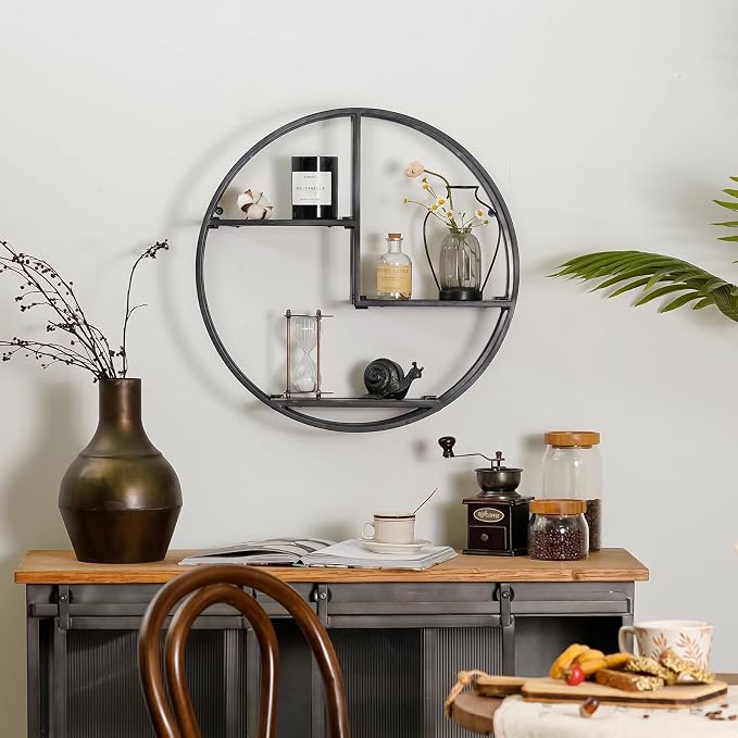Industrial Style Round Wall Shelves - 3 Tier Metal Hanging Circle Floating Shelves for Bathroom Living Room Wall Decor, 21 Inch