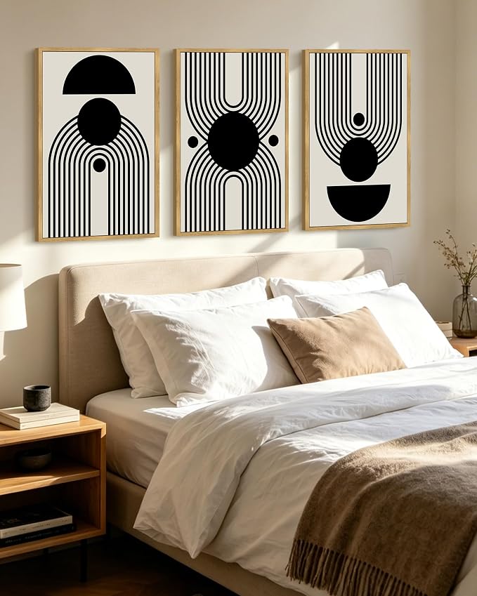 KUVIOKE Black Abstract Framed Wall Art Minimalist Geometry Lines Painting Artwork for Living Room Bedroom 24x36in (Natural Framed)