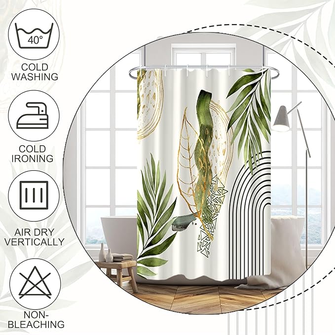 Baocicco Boho Shower Curtain Green Gold Leaves Modern Abstract Geometric Minimalist Shower Curtains Decorative for Bathroom Waterproof Fabric Shower Curtain with Hooks 72x72 Inches
