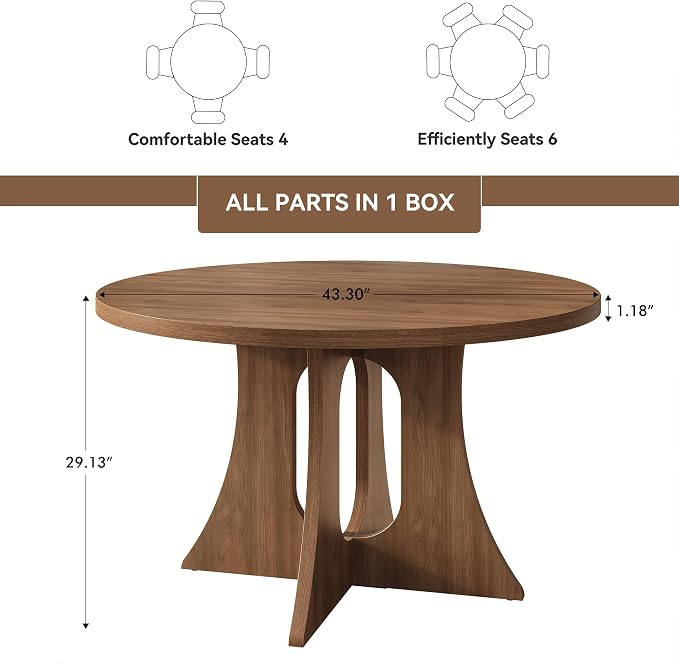 Round Dining Table for 4-6 People, 43.3 Inch Circle Kitchen Table with Sturdy Legs & Adjustable Foot Pads, Modern Farmhouse Dinner Table for Dining Room and Apartment, Walnut