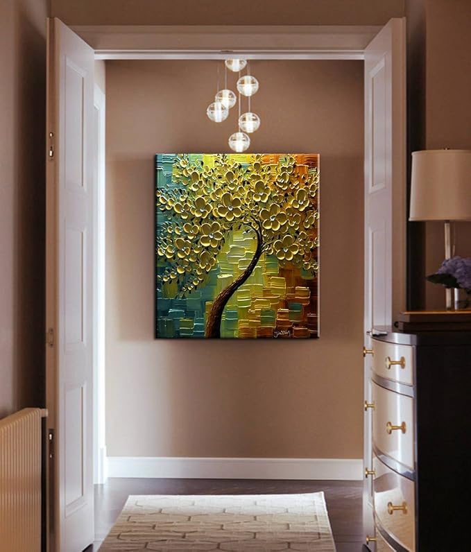 YaSheng Art - 3D Oil Paintings On Canvas Golden Flowers Tree Paintings Abstract Artwork Wall Art For living Room,Dinning Room Home Decor Framed Stretched Ready to Hang 24x24inch